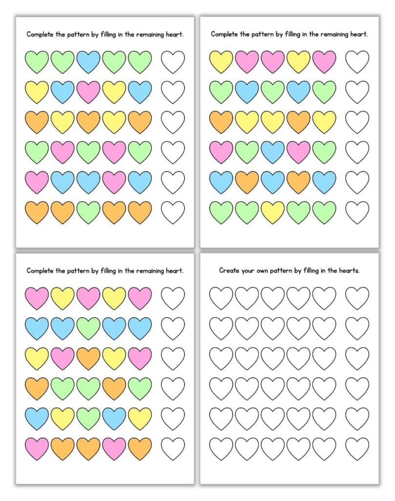Mockup of 4 heart pattern worksheets.