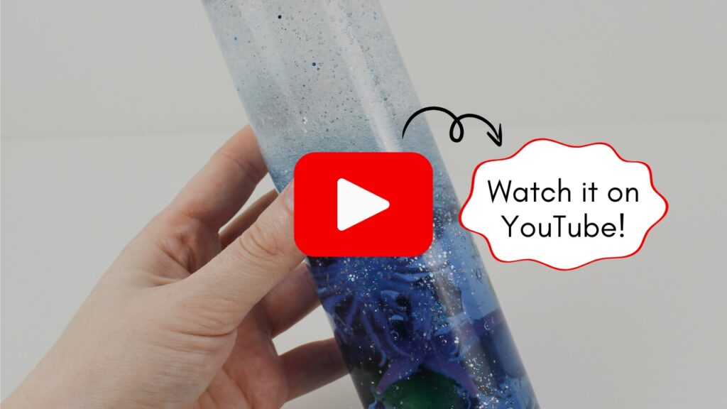 Image of a hand holding an ocean sensory bottle, with a button for watching the video on YouTube.