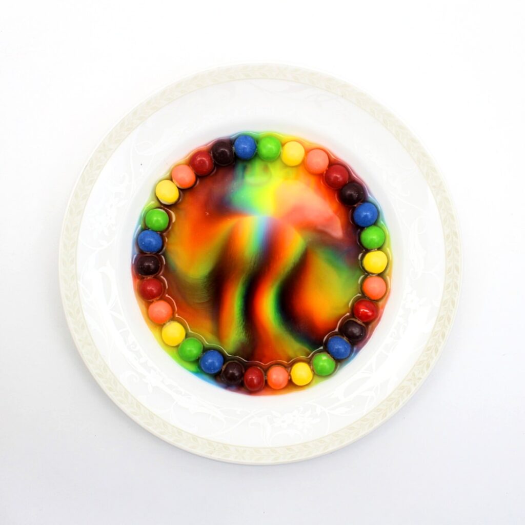 Circle of Skittles on a round plate, with colors bleeding into the middle.