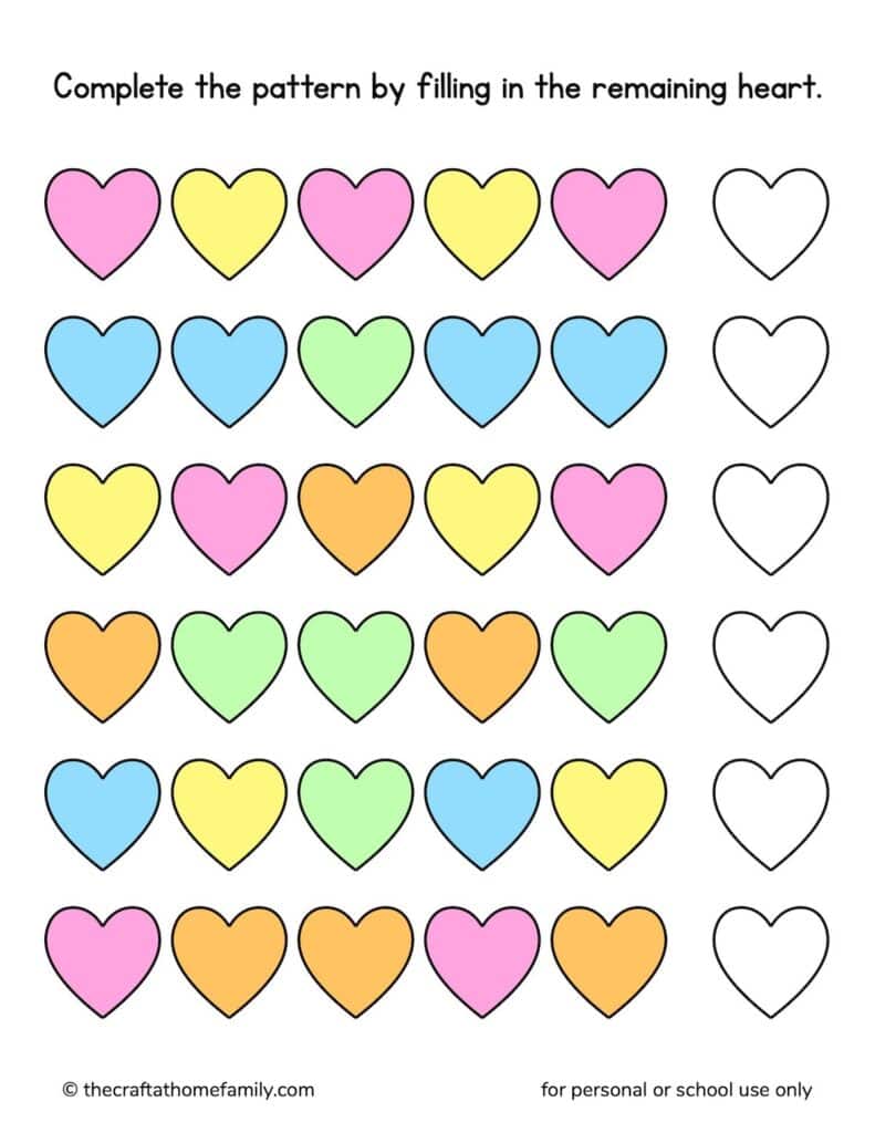 Heart pattern worksheet with colorful patterns.