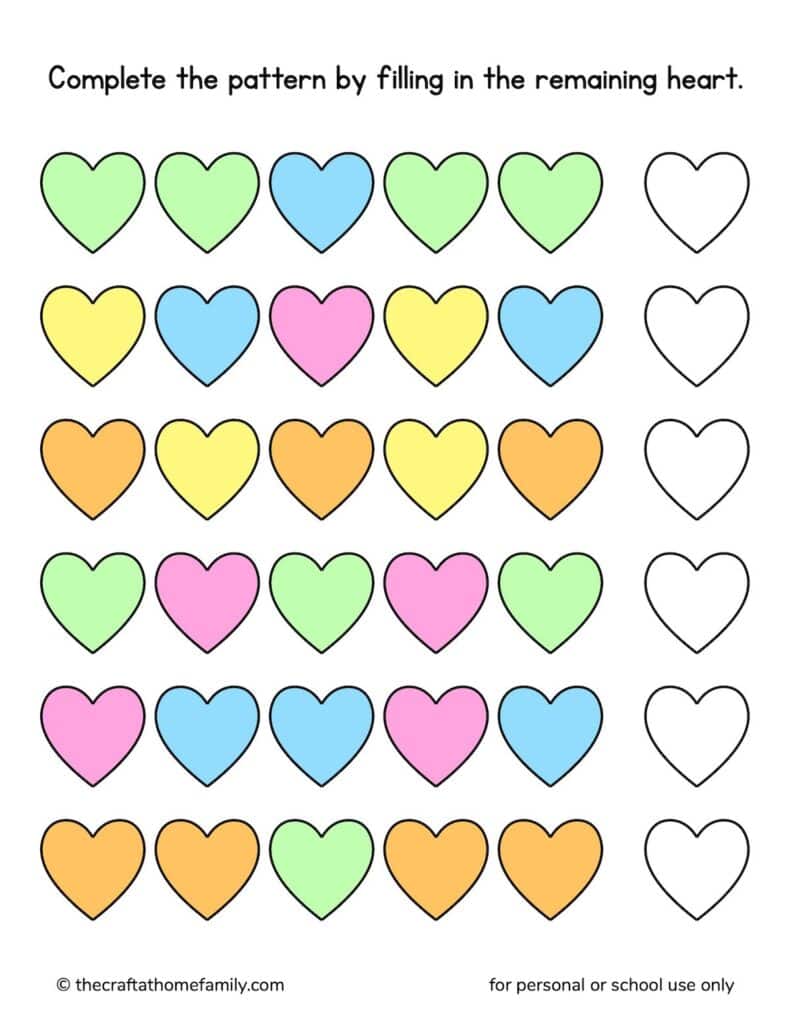 Heart pattern worksheet with colorful patterns.
