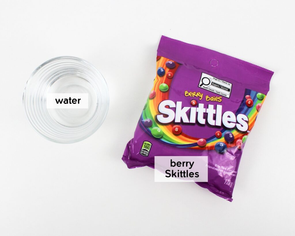 Materials to do a Valentine's Day Skittles experiment.