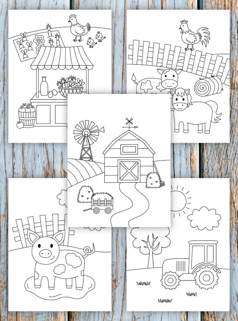 Mockup of 5 farm-themed coloring pages on realistic background.