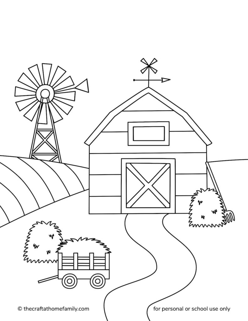 Barn coloring page with hay, windmill and fields.