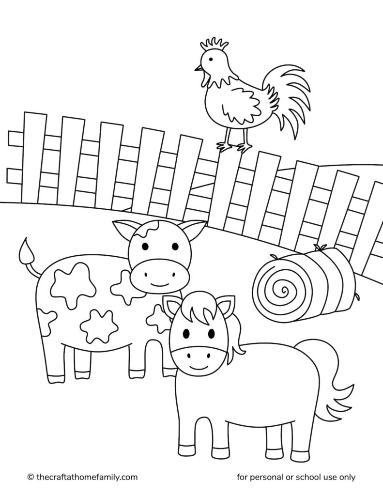 Farm coloring page with horse, cow and rooster.