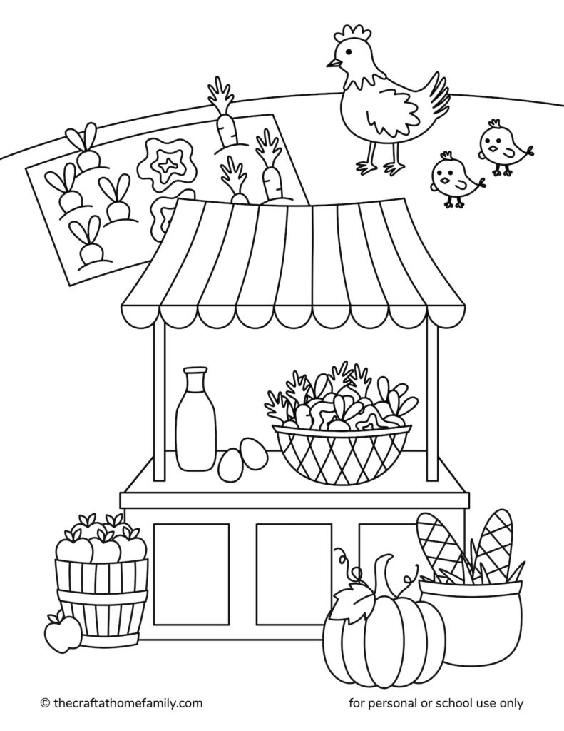 Farmer's market stall coloring page with various types of produce.