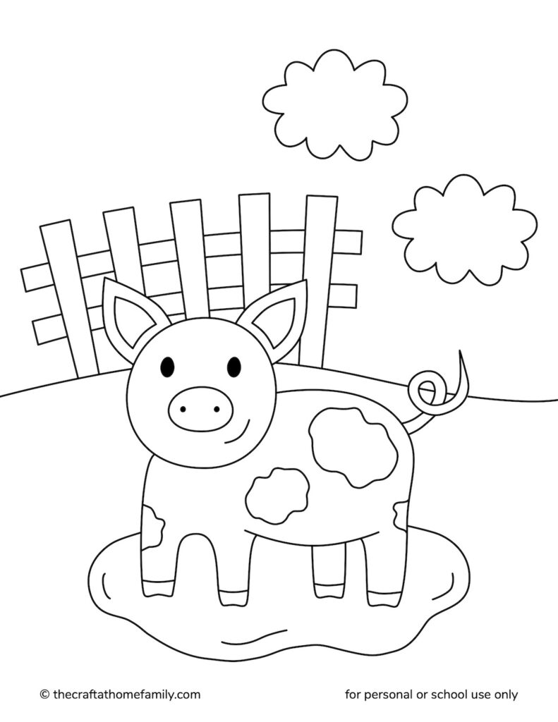 Coloring page of a muddy pig in a puddle.