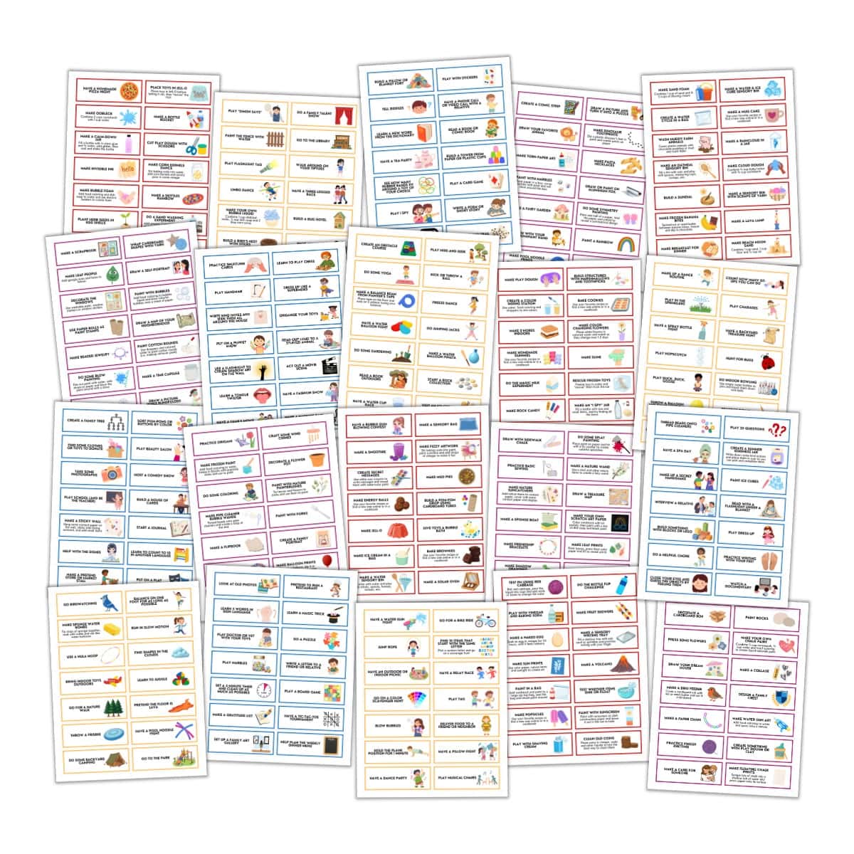 Mockup of all 280 activity cards inside the Summer Activity Jar System.