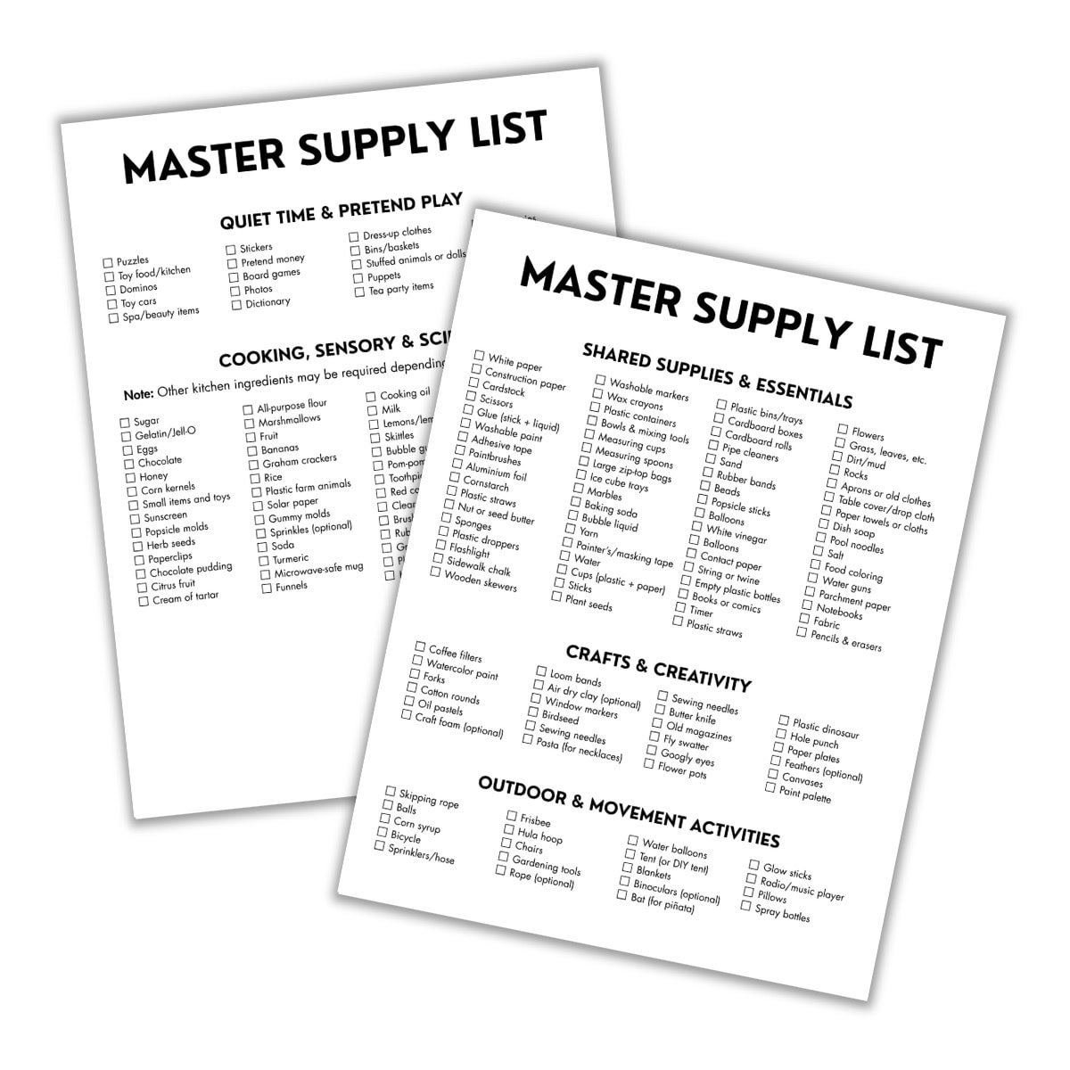 Mockup of the master supply list inside the Summer Activity Jar System.