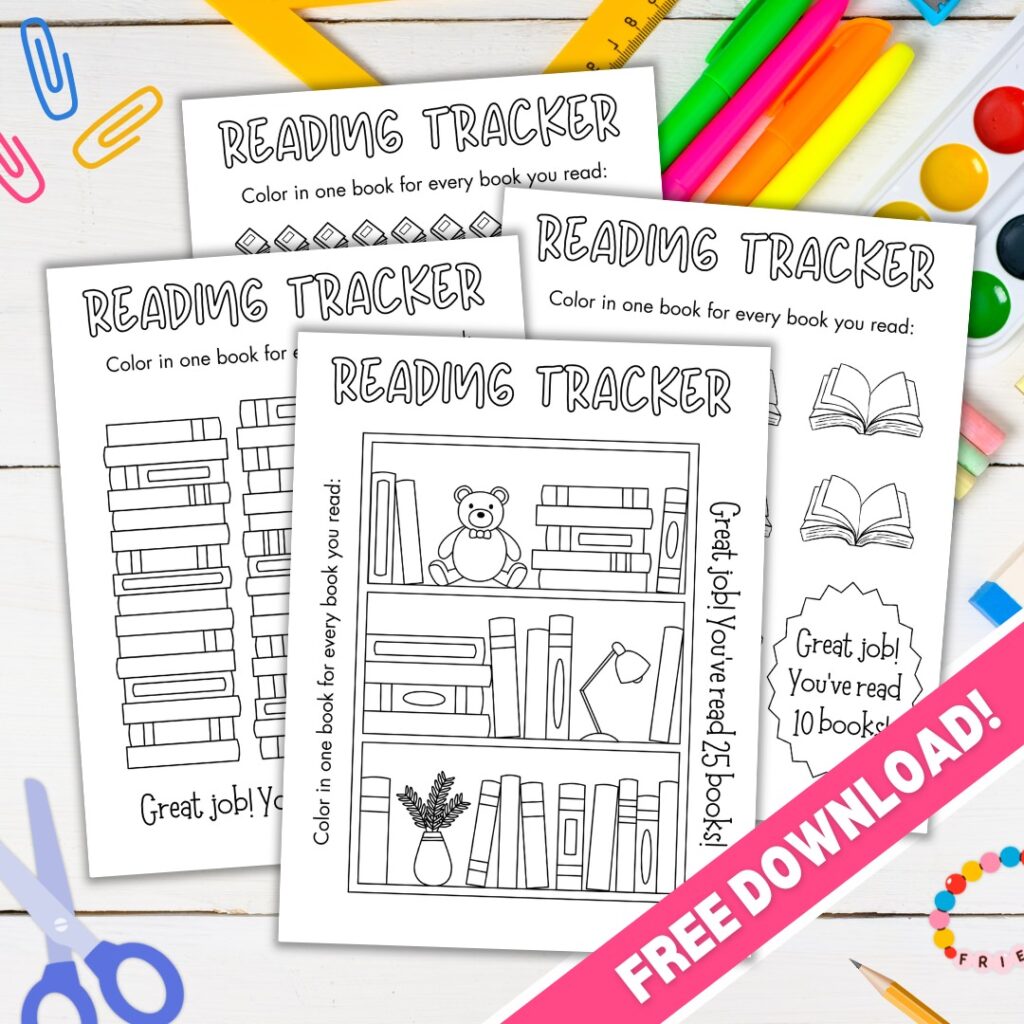 Mockup of 4 reading trackers on a child's desk.