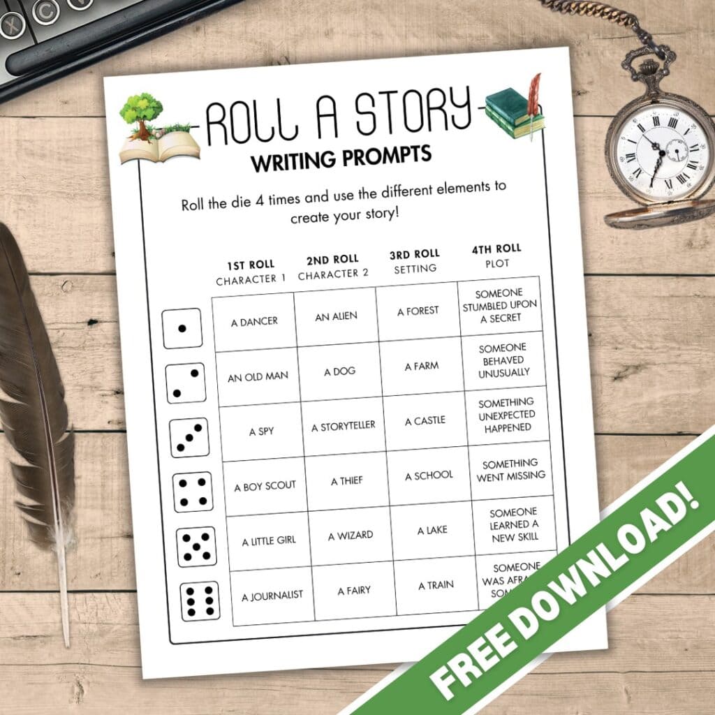 Mockup of story dice printable on realistic background.