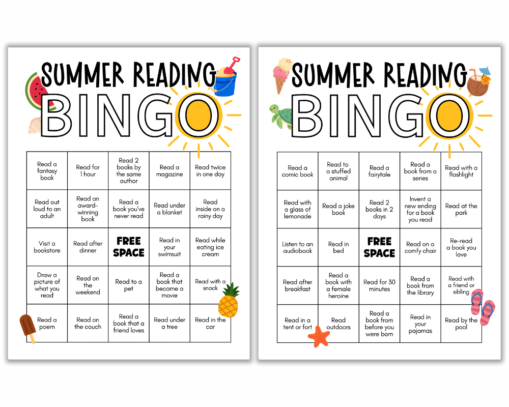 Mockup of 2 summer reading bingo cards.