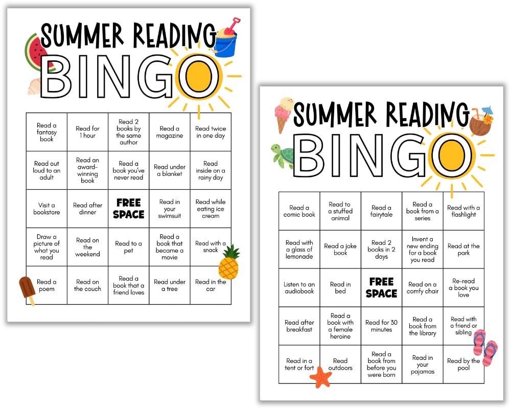 Mockup of 2 summer reading bingo cards.