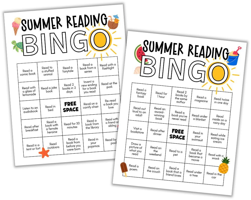 Mockup of 2 summer reading bingo cards.