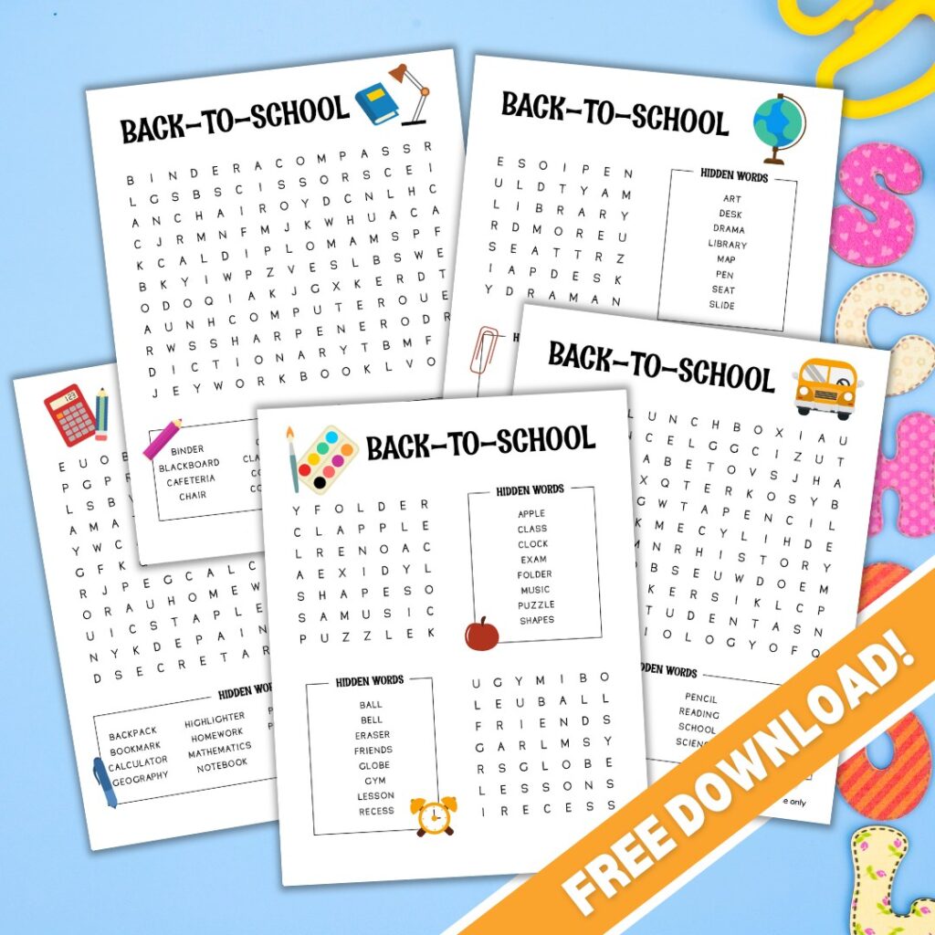 Mockups of back-to-school word search puzzles.
