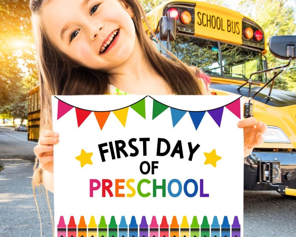 Girl holding up a sign that says "First day of preschool".