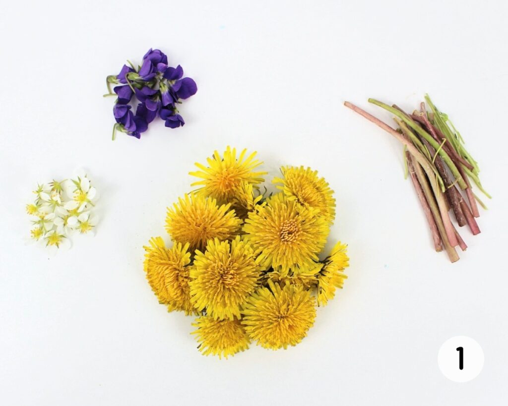 Dandelions and small flowers with stems removed.